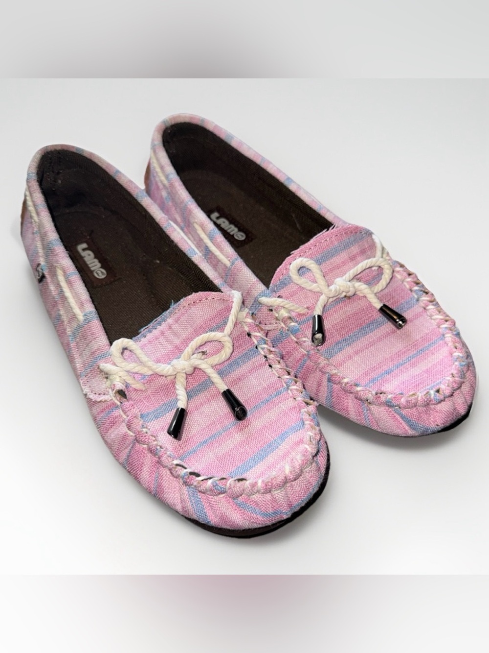 LAMO Britain Boat Moccasins Loafer Pink Canvas Striped Size 8 Fits Small 7 - 7.5